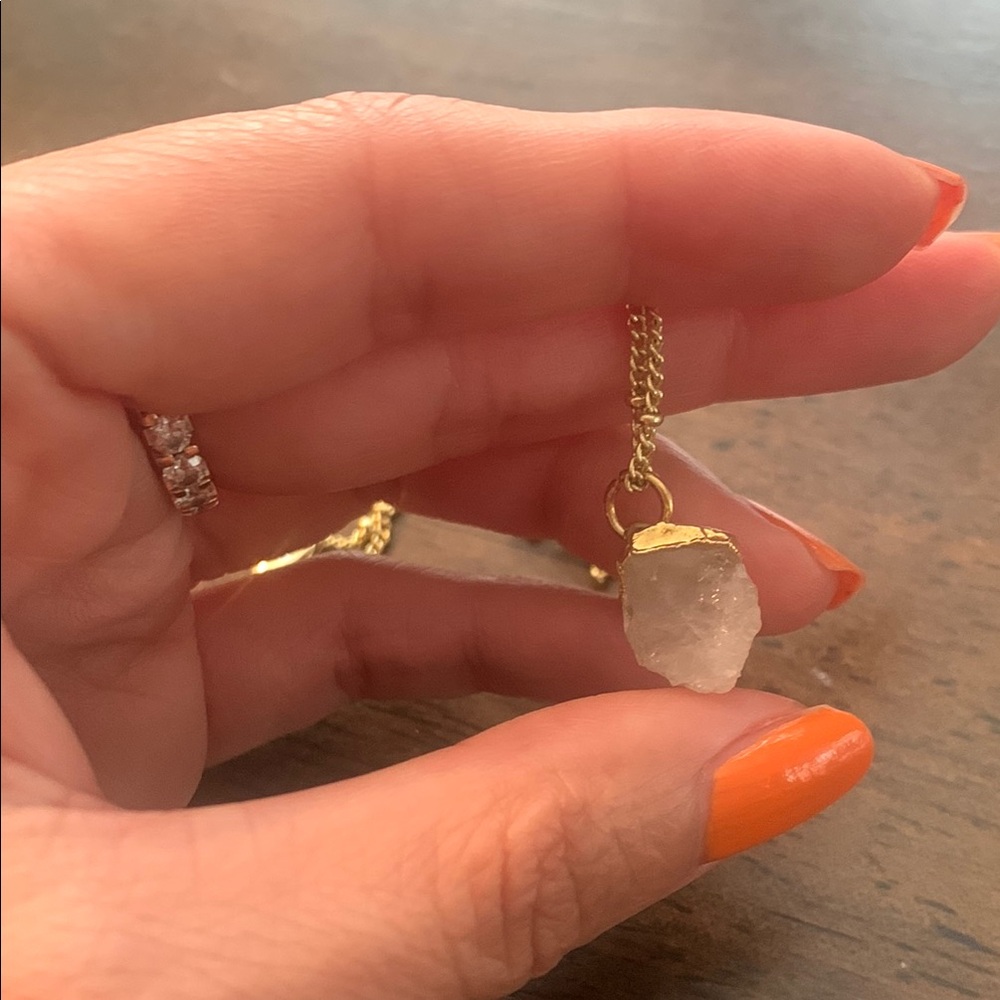 Gold and White Dainty Necklace with Crystal Pendant